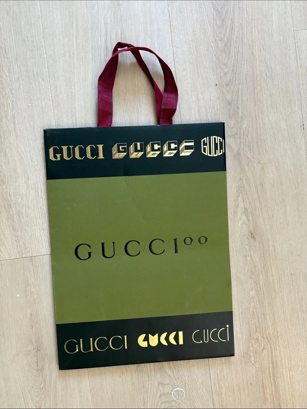 Gucci Olive Green Shopping Tote with Wine Red Handles